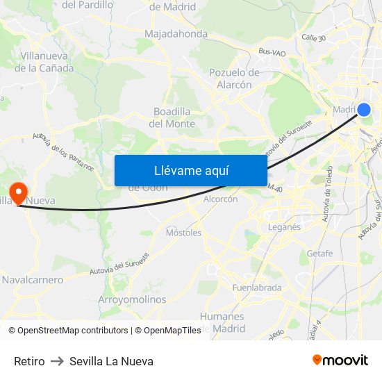 Retiro to Sevilla La Nueva map