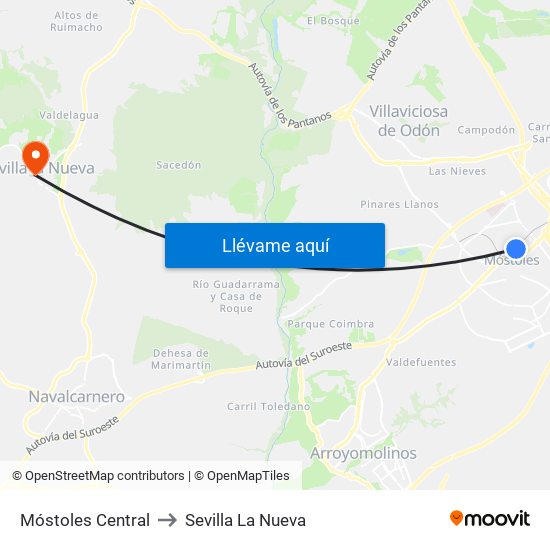 Móstoles Central to Sevilla La Nueva map
