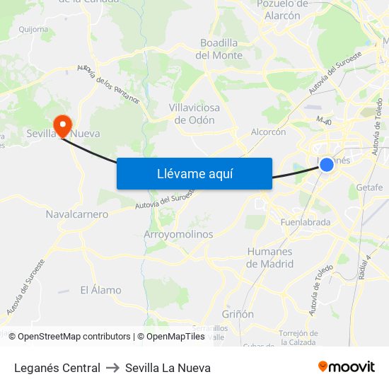 Leganés Central to Sevilla La Nueva map