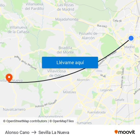 Alonso Cano to Sevilla La Nueva map