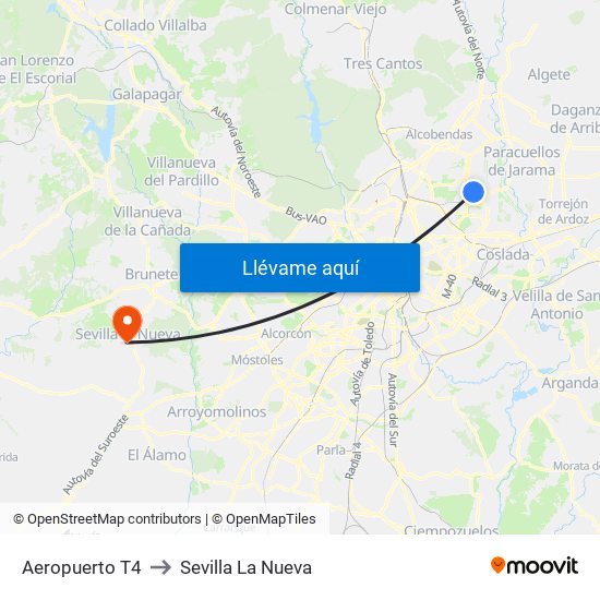 Aeropuerto T4 to Sevilla La Nueva map