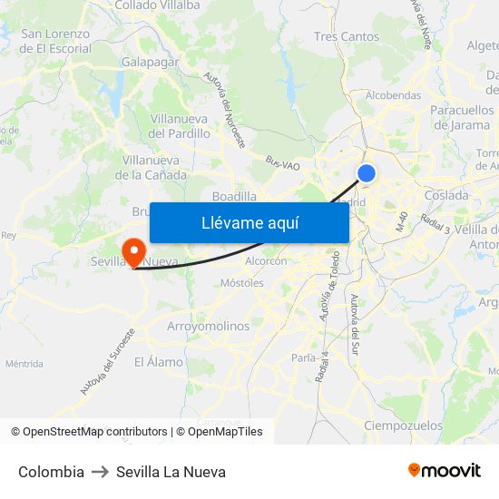 Colombia to Sevilla La Nueva map