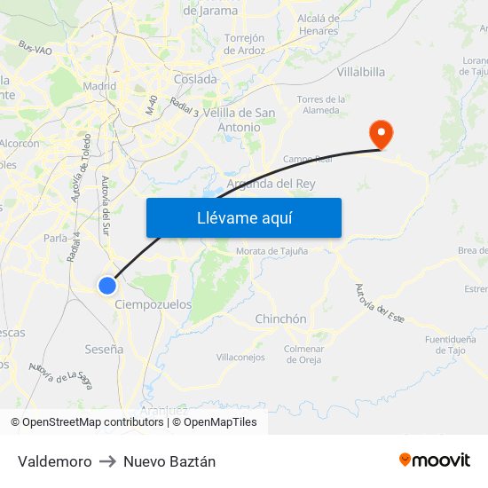 Valdemoro to Nuevo Baztán map