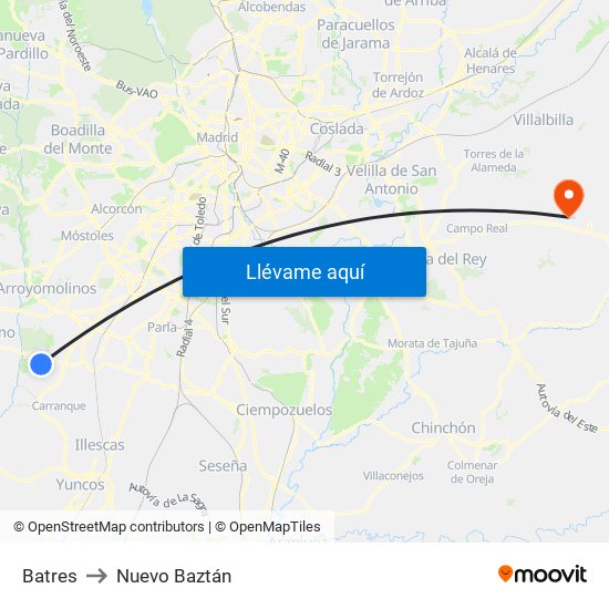 Batres to Nuevo Baztán map
