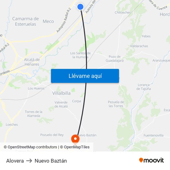 Alovera to Nuevo Baztán map