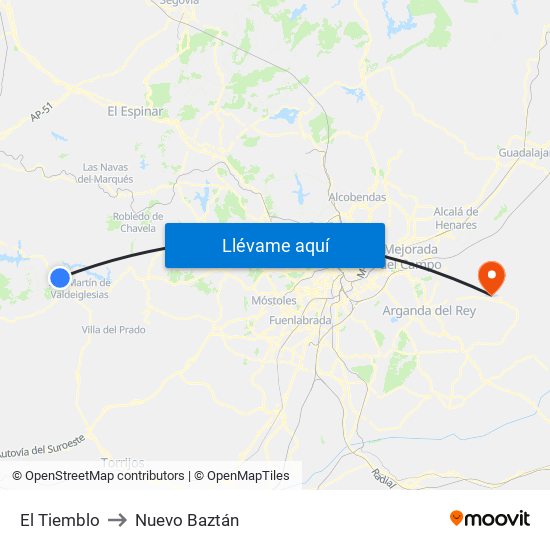 El Tiemblo to Nuevo Baztán map