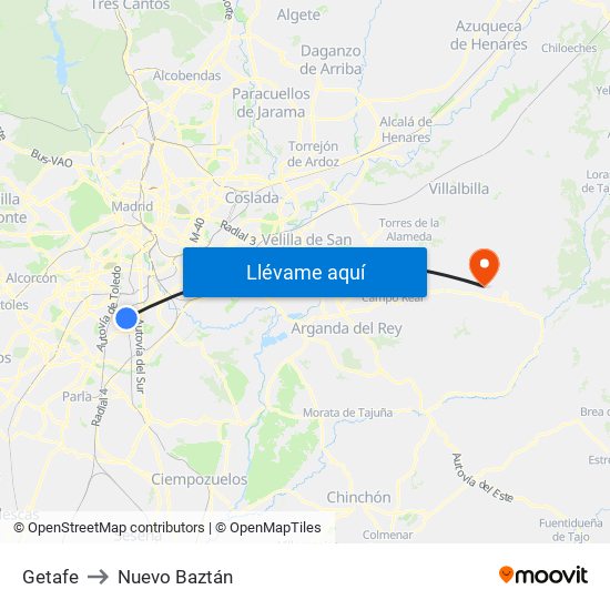 Getafe to Nuevo Baztán map