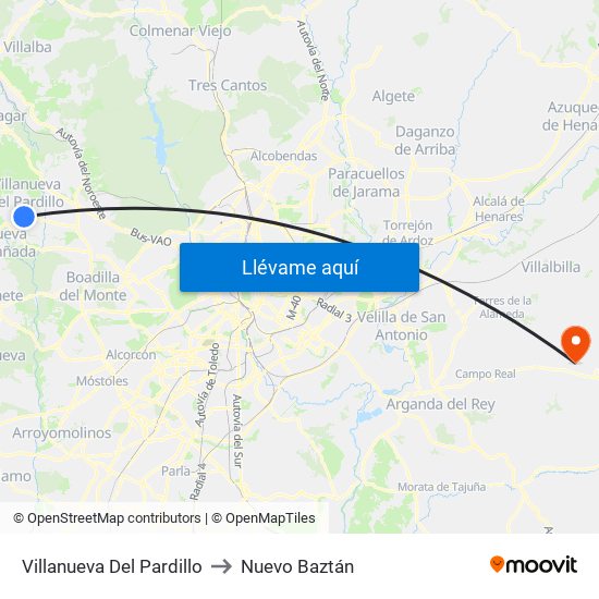 Villanueva Del Pardillo to Nuevo Baztán map