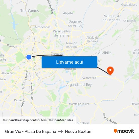Gran Vía - Plaza De España to Nuevo Baztán map