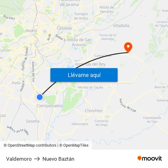 Valdemoro to Nuevo Baztán map