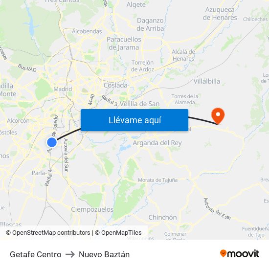 Getafe Centro to Nuevo Baztán map