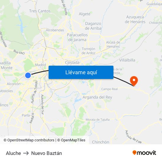 Aluche to Nuevo Baztán map