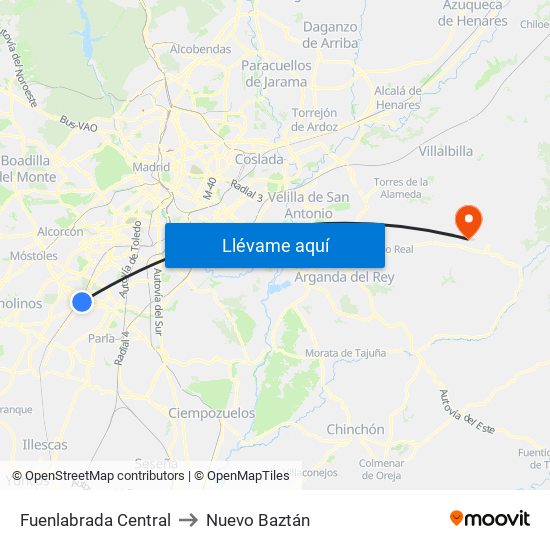 Fuenlabrada Central to Nuevo Baztán map