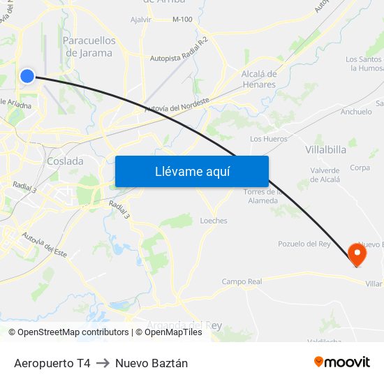 Aeropuerto T4 to Nuevo Baztán map