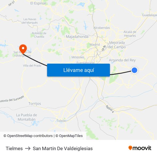 Tielmes to San Martín De Valdeiglesias map