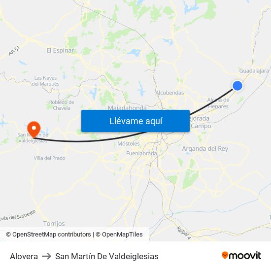 Alovera to San Martín De Valdeiglesias map