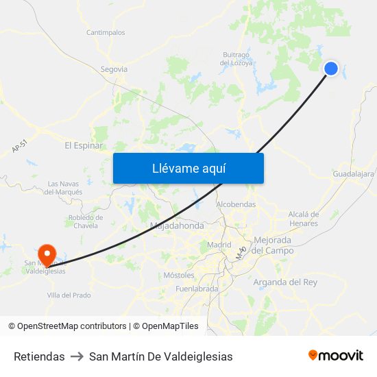 Retiendas to San Martín De Valdeiglesias map
