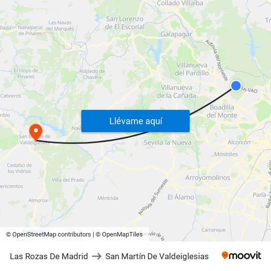 Las Rozas De Madrid to San Martín De Valdeiglesias map