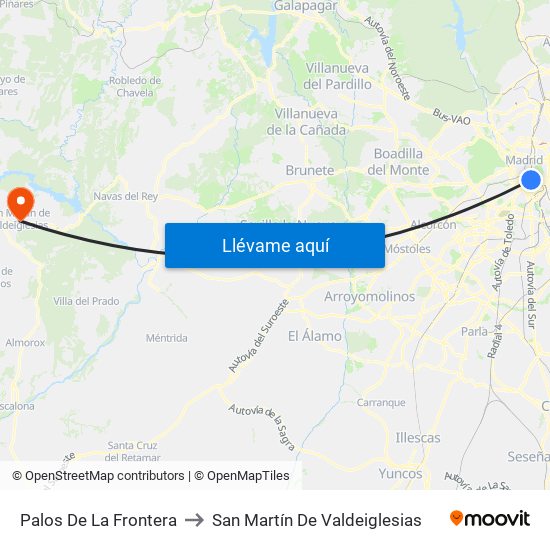 Palos De La Frontera to San Martín De Valdeiglesias map