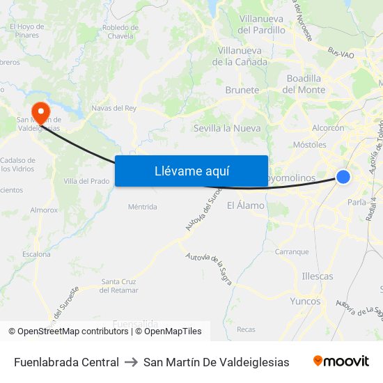 Fuenlabrada Central to San Martín De Valdeiglesias map
