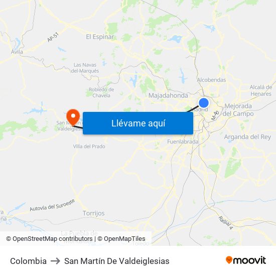 Colombia to San Martín De Valdeiglesias map