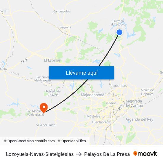Lozoyuela-Navas-Sieteiglesias to Pelayos De La Presa map