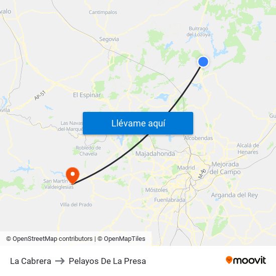 La Cabrera to Pelayos De La Presa map