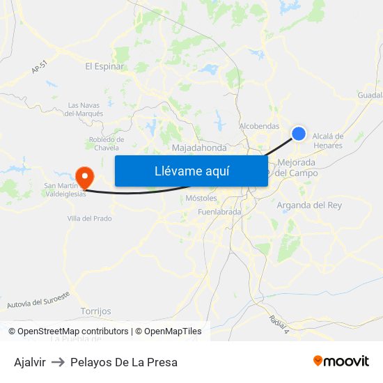 Ajalvir to Pelayos De La Presa map