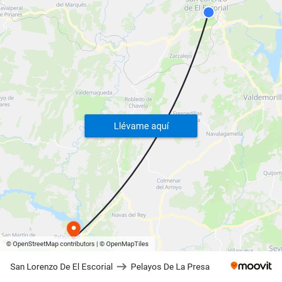 San Lorenzo De El Escorial to Pelayos De La Presa map