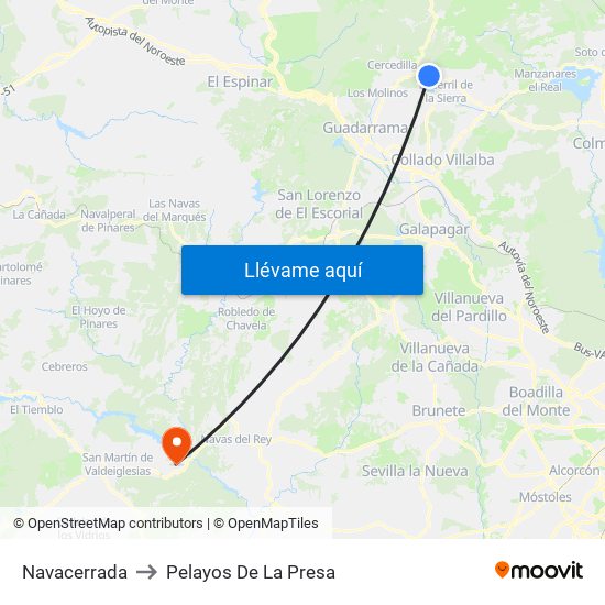 Navacerrada to Pelayos De La Presa map