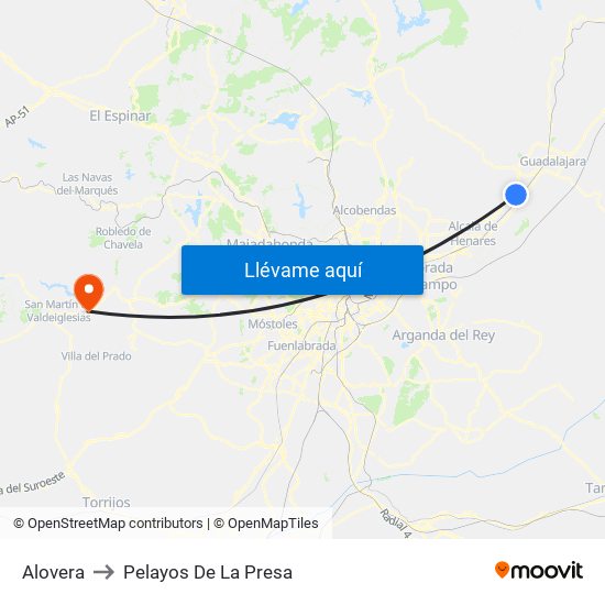 Alovera to Pelayos De La Presa map