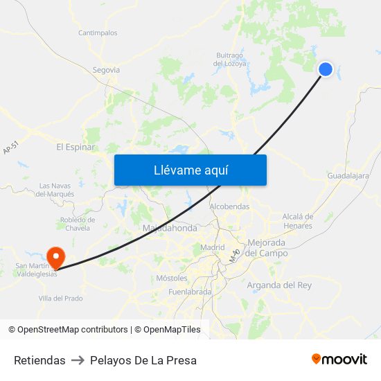Retiendas to Pelayos De La Presa map