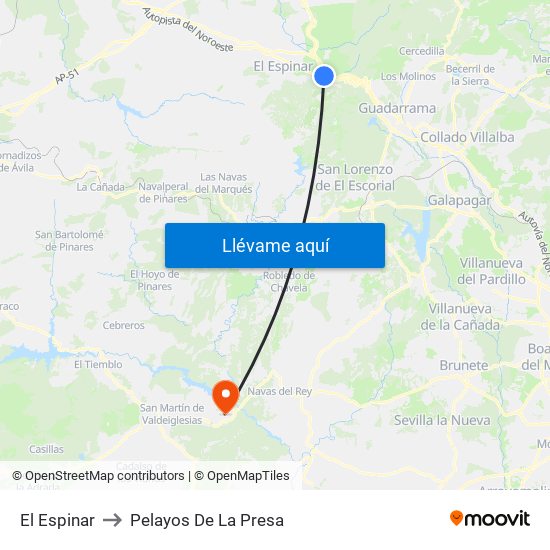 El Espinar to Pelayos De La Presa map