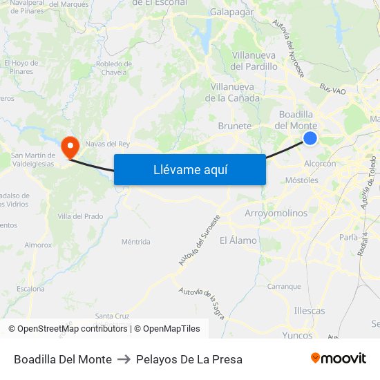 Boadilla Del Monte to Pelayos De La Presa map