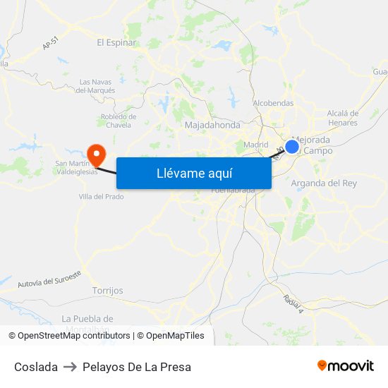 Coslada to Pelayos De La Presa map