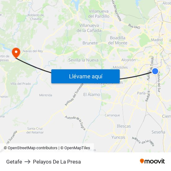 Getafe to Pelayos De La Presa map