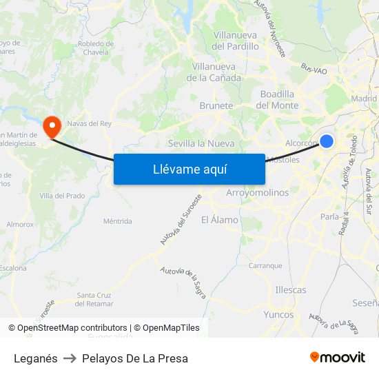 Leganés to Pelayos De La Presa map