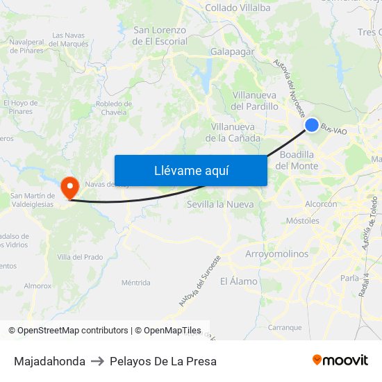 Majadahonda to Pelayos De La Presa map