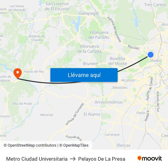 Metro Ciudad Universitaria to Pelayos De La Presa map