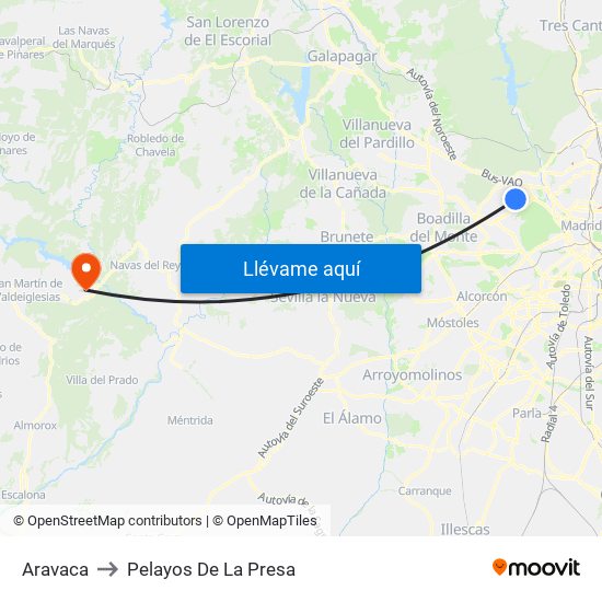 Aravaca to Pelayos De La Presa map