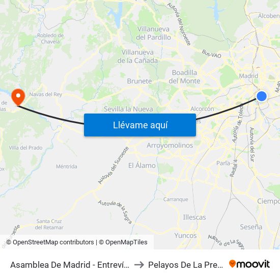 Asamblea De Madrid - Entrevías to Pelayos De La Presa map