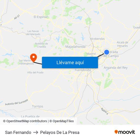 San Fernando to Pelayos De La Presa map