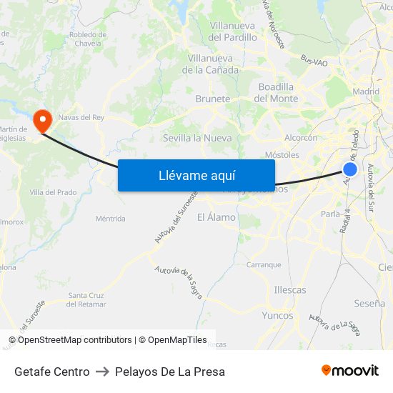 Getafe Centro to Pelayos De La Presa map