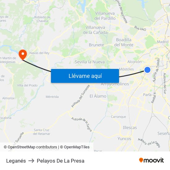 Leganés to Pelayos De La Presa map