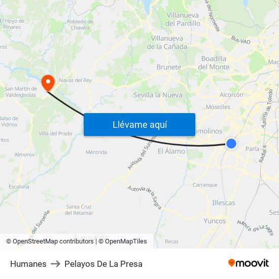 Humanes to Pelayos De La Presa map