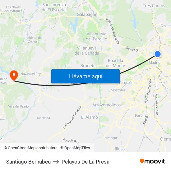 Santiago Bernabéu to Pelayos De La Presa map