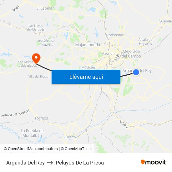 Arganda Del Rey to Pelayos De La Presa map