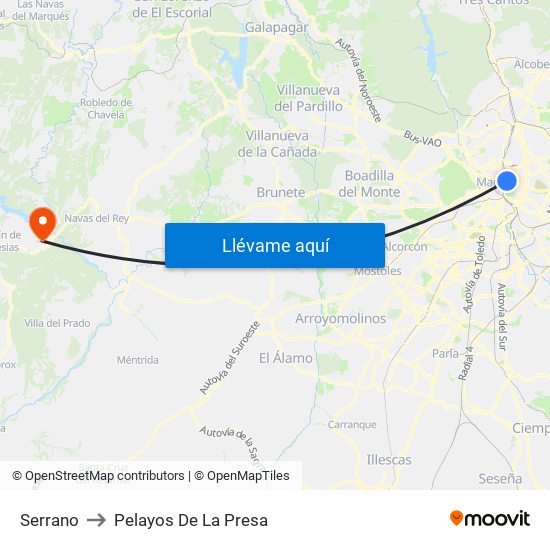 Serrano to Pelayos De La Presa map