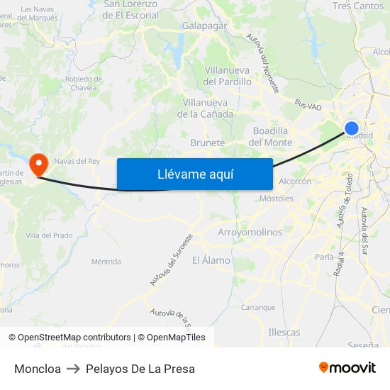 Moncloa to Pelayos De La Presa map