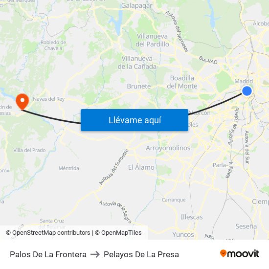 Palos De La Frontera to Pelayos De La Presa map